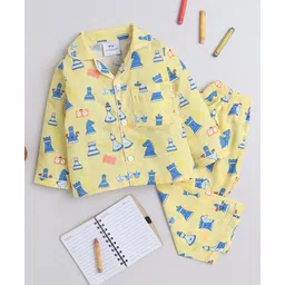 Knitting Doodles Pure Cotton Woven Full Sleeves Chess Pieces Printed Coordinating Night Suit Set - Yellow-picture-37