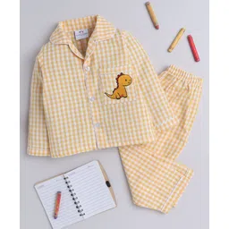 Knitting Doodles Pure Cotton Woven Full Sleeves Dinosaur Patch Detailed Checked Coordinating Night Suit Set - Yellow & White-picture-28