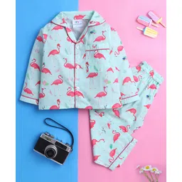 Knitting Doodles Pure Cotton Woven Full Sleeves Flamingo Printed Night Suit Set - Light Green-picture-30