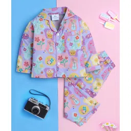 Knitting Doodles Pure Cotton Woven Full Sleeves Floral Printed Coordinating Night Suit Set - Purple-picture-22