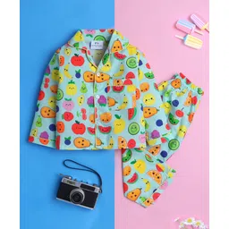 Knitting Doodles Pure Cotton Woven Full Sleeves Fruits Printed Night Suit Set - Light Blue-picture-32