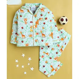 Knitting Doodles Pure Cotton Woven Full Sleeves Jungle Theme Printed Coordinating Night Suit Set - White-picture-29