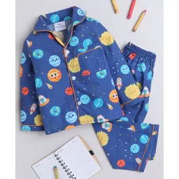 Knitting Doodles Pure Cotton Woven Full Sleeves Space Theme Printed Coordinating Night Suit Set - Blue-picture-13