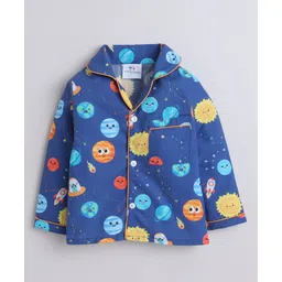 Knitting Doodles Pure Cotton Woven Full Sleeves Space Theme Printed Coordinating Night Suit Set - Blue image 3