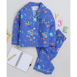 Knitting Doodles Pure Cotton Woven Full Sleeves Space Theme Printed Coordinating Night Suit Set - Dark Blue-picture-14