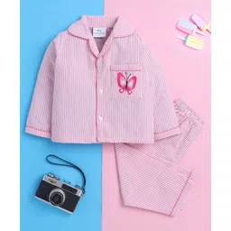 Knitting Doodles Pure Cotton Woven Full Sleeves Striped Coordinating Night Suit Set - Pink & White-picture-23