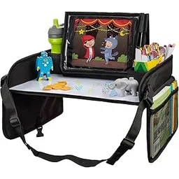 KolorFish Kids Travel Tray with Bag - Foldable Compact Lap Car Seat Table Desk with Dry Erase Board, iPad Holder, Backseat Essential Storage Organizer for Toddler (Black)-picture-22