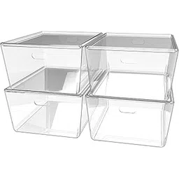 KOLORR Transparent Baskets for Storage with Lid Large-11Liter | Multipurpose Clear Container | Rectangle Organiser Plastic Box with Handle for wardrobe clothe Makeup closet Stationary| Pack of 4-picture-14