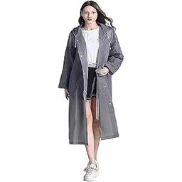 kolva Women EVA Plain Transparent Rain Coat Hooded Outdoor Water Resistant Portable Raincoat (Grey)-picture-25