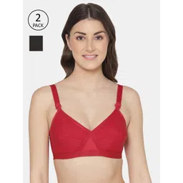 KOMLI Red & Black Set Of 2 Solid Cotton Full Coverage Minimiser Bra-picture-24