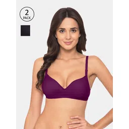 KOMLI Women Pack of 2 Magenta & Black Solid Padded T-shirt Bra-picture-19