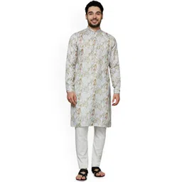 KOMPANION Floral Printed Band Collar Jaquard Cotton Straight Kurta-picture-15