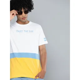 Kook N Keech Men White  Yellow Colourblocked Round Neck Pure Cotton Relaxed T-shirt-picture-37