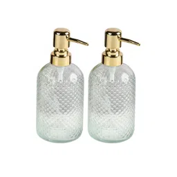Kookee Transparent & Gold Toned 2 Pieces Textured Glass Soap Dispenser 400 ml Each-picture-13