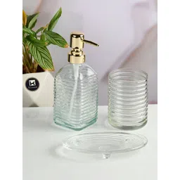 Kookee Transparent & Gold Toned 3 Pieces Textured Glass Bath Accessories Set-picture-21