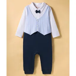 kookie kids india Kookie Kids Interlock Knit Full Sleeves Party Romper With Attached Waistcoat & Bow Applique - Navy Blue & White-picture-11