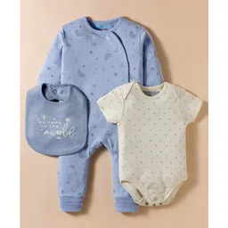 kookie kids india Kookie Kids Interlock Knit Full Sleeves Printed Romper & Onesies With Bib - Light Blue & White-picture-22