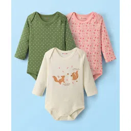 kookie kids india Kookie Kids Interlock Knit Full Sleeves Squirrel & Floral Printed Onesies Pack of 3 - Beige Green & Pink-picture-10