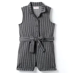 kookie kids india Kookie Kids Knit Sleeveless Front Open Collared Jumpsuit with Stripes & Fabric Belt - Black-picture-28