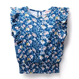 kookie kids india Kookie Kids Rayon Woven Frill Sleeves Floral Printed Top With Lace Detailing & Elasticated Hem - Royal Blue-picture-13