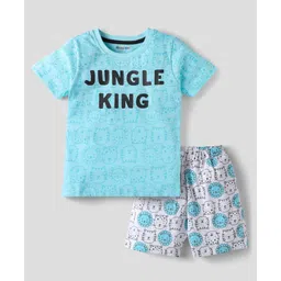 kookie kids india Kookie Kids Single Jersey Knit Half Sleeves Shorts Night Suit With Jungle King Text Print - Light Blue-picture-14
