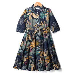 kookie kids india Kookie Kids Woven Three Fourth Sleeves Party Dress With Floral Print & Belt - Navy Blue-picture-10