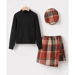 Kookie Kids Cotton Full Sleeves Turtle Neck Top & Checkered Skirt Set - Black-picture-27