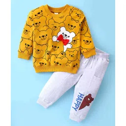 Kookie Kids Cotton Knit Full Sleeves Winter Wear Set With Teddy Print & Bow Detailing - Yellow-picture-28