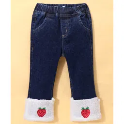 Kookie Kids Cotton Lycra Bell Bottom Denim Jeans With Sherpa & Strawberry Embroidery Detailing - Blue-picture-12