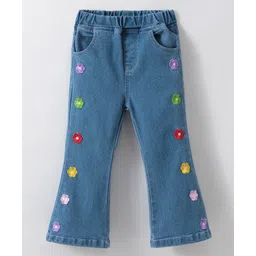 Kookie Kids Denim Full Length Washed Jeans with Floral Embroidery - Blue-picture-18