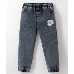 Kookie Kids Denim Washed Full Length Jeans With Floral Applique - Grey-picture-22