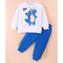 Kookie Kids Fleece Knit Full Sleeves Winter Wear Suit With Dino Graphics & Spikes Detaling - White & Blue-picture-26