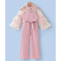 Kookie Kids Full Flutter Sleeves Jumpsuit with Floral Embroidery - Pink-picture-10