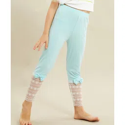 Kookie Kids Full Length Cotton Lycra Leggings With Lace And Bow Applique - Blue-picture-19