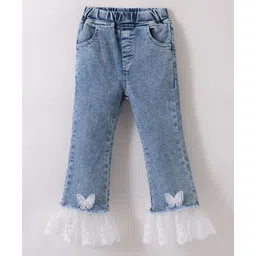 Kookie Kids Full Length Denim Jeans with Frill Detailing & Butterfly Applique - Blue-picture-14