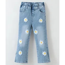 Kookie Kids Full Length Denim Washed Jeans with Floral Print - Blue image 1