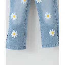 Kookie Kids Full Length Denim Washed Jeans with Floral Print - Blue image 5