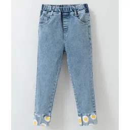 Kookie Kids Full Length Denim Washed Jeans with Floral Print - Blue-picture-11
