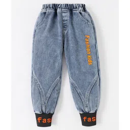 Kookie Kids Full Length Text Embroidered with Cut & Sew Pattern Denim Jeans - Blue-picture-19