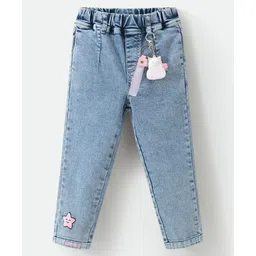 Kookie Kids Full Length Washed Denim Jeans With Kitty Applique & Star Embroidery - Blue-picture-32