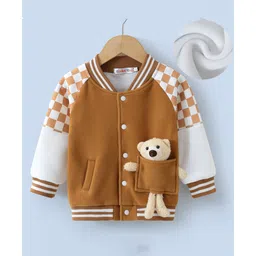 Kookie Kids Full Raglan Sleeves Bomber Jacket with Checks Design & Teddy Bear Applique - Brown-picture-32