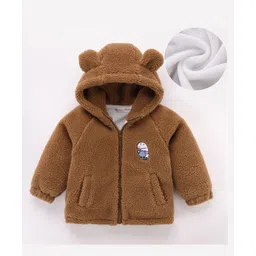 Kookie Kids Full Raglan Sleeves Front Open Hooded Fur Winter Jacket with Ears Applique & Dino Patch Detailing - Brown-picture-11