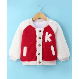 Kookie Kids Full Raglan Sleeves Front Open Winter Fur Jacket With Alphabet Embroidery - Red-picture-12