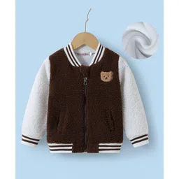 Kookie Kids Full Raglan Sleeves Fur Bomber Jacket with Bear Patch Detailing - Brown-picture-37