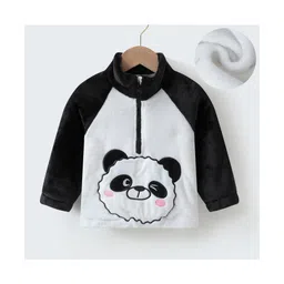 Kookie Kids Full Raglan Sleeves High Neck Fur Winter Jacket with Panda Patch Detailing - Black & White-picture-29