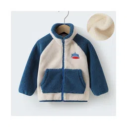 Kookie Kids Full Raglan Sleeves High Neck Winter Fur Jacket with Shark Patch Detailing & Kangaroo Pockets - Blue-picture-12