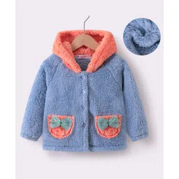 Kookie Kids Full Raglan Sleeves Hooded Fur Winter Jacket with Bow Applique - Blue-picture-23