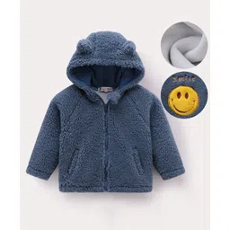 Kookie Kids Full Raglan Sleeves Hooded Fur Winter Jacket with Smiley Embroidery & 3DApplique - Navy Blue-picture-12
