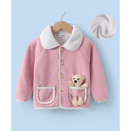 Kookie Kids Full Raglan Sleeves Solid Colour Collared Winter Jacket with Teddy Applique & Pockets - Pink-picture-34