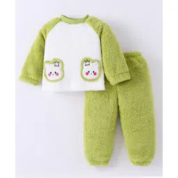 Kookie Kids Full Raglan Sleeves Winter Night Suit With Kitty Patch - Green-picture-23